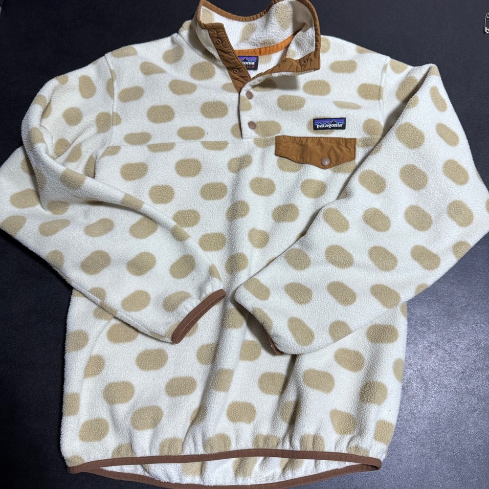 Patagonia Snap-T Fleece Pullover Women Medium Cream Tan Polka Dot Synchilla